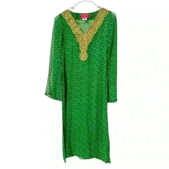MONISHA JAISING FOR TABLA - GREEN TILE PATERN LONG TUNIC Gold TRIM Size S NWOT - Picture 1 of 9